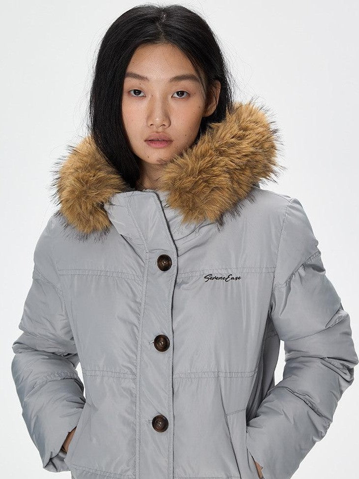 SereneEase Faux Fur Collar Fleece Lined Hooded Straight Cut Women's Cotton Puffer Jackets