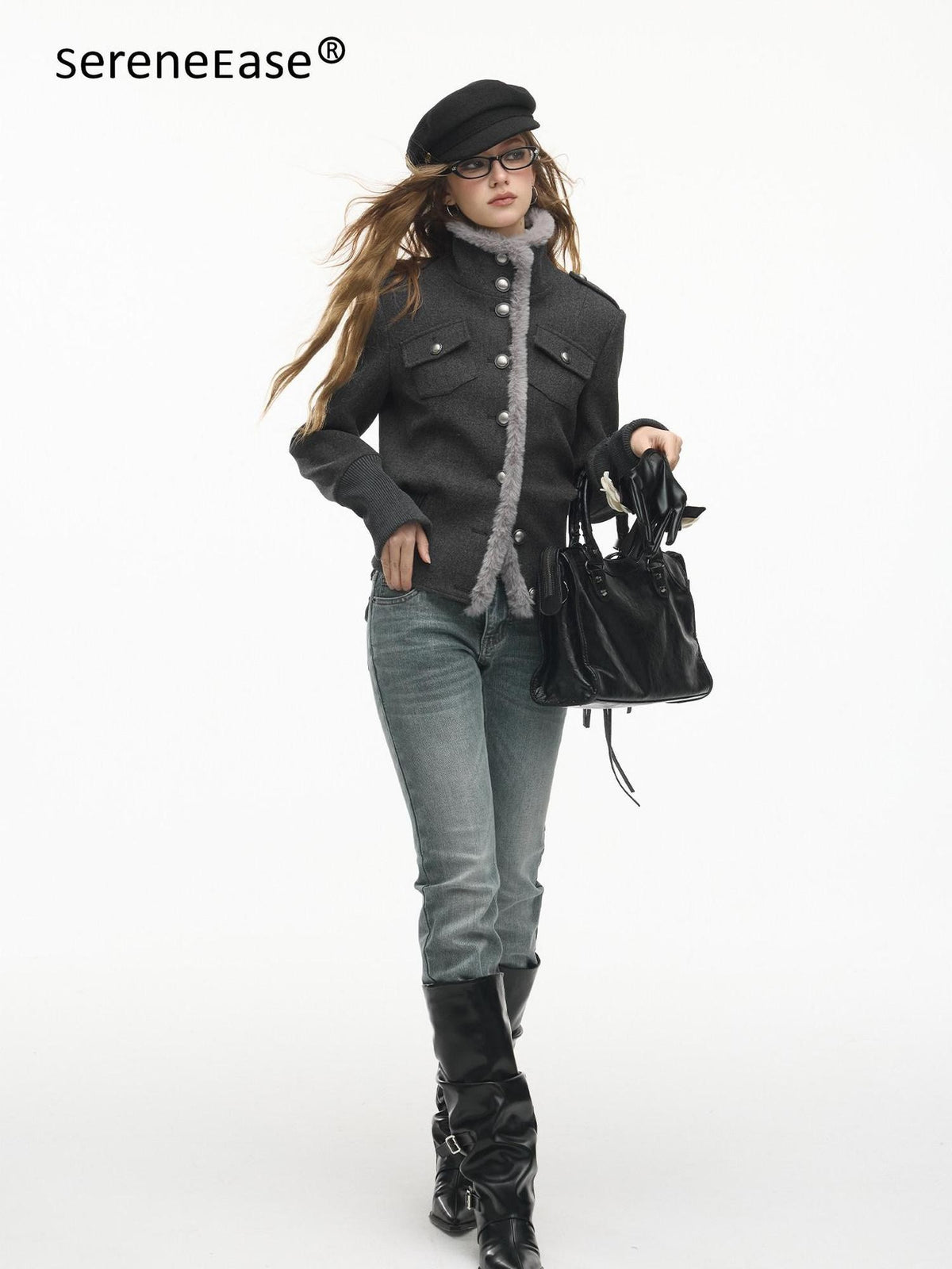 SereneEase Faux Fur Trim Stand Collar Metal Button Waist Cinch Slim Women's Leather Jackets
