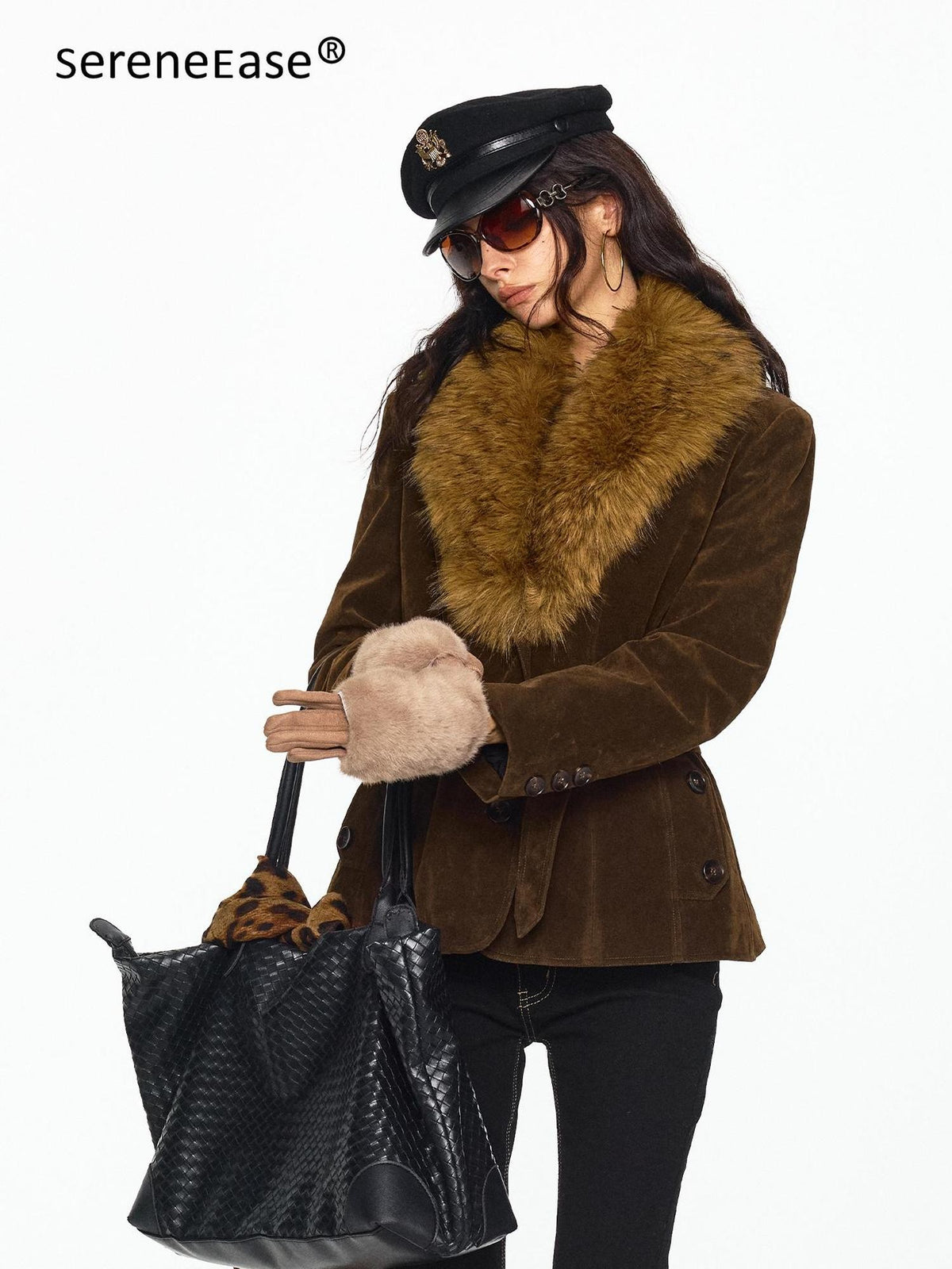 SereneEase Faux Suede Belted Faux Fur Collar Slim Fit Women's Pu Casual Jackets
