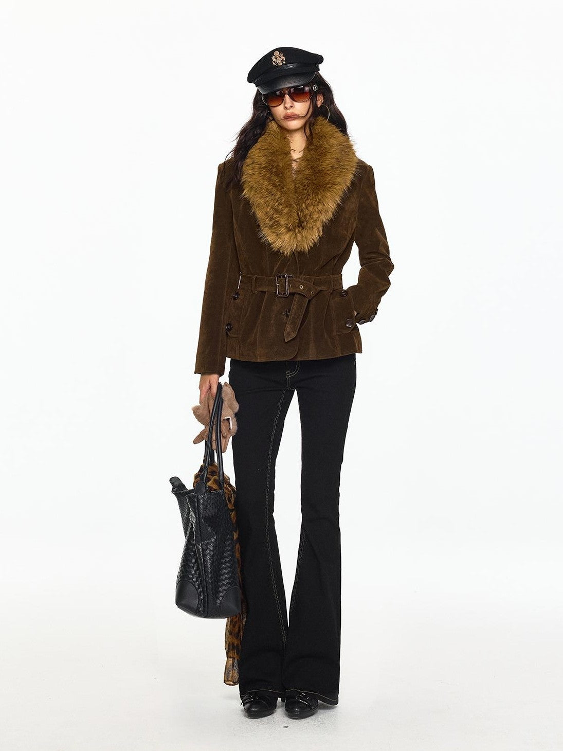 SereneEase Faux Suede Belted Faux Fur Collar Slim Fit Women's Pu Casual Jackets