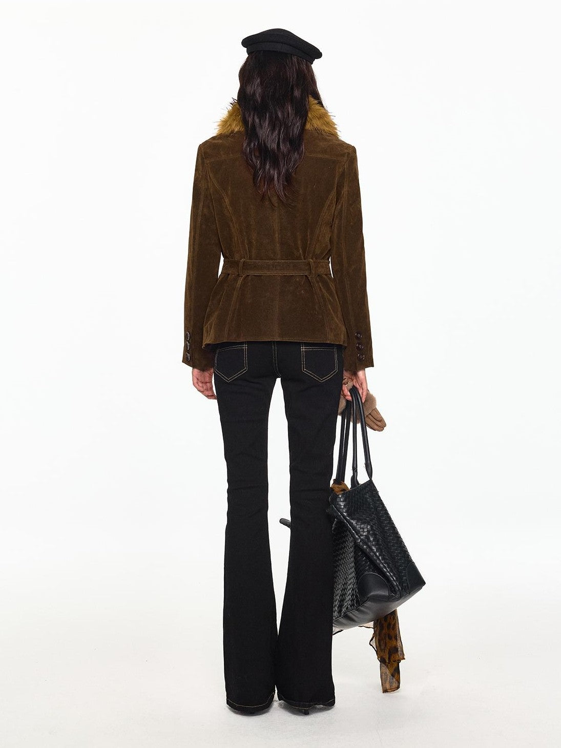 SereneEase Faux Suede Belted Faux Fur Collar Slim Fit Women's Pu Casual Jackets