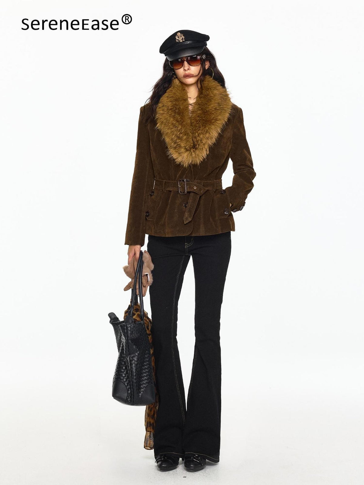 SereneEase Faux Suede Belted Faux Fur Collar Slim Fit Women's Pu Casual Jackets