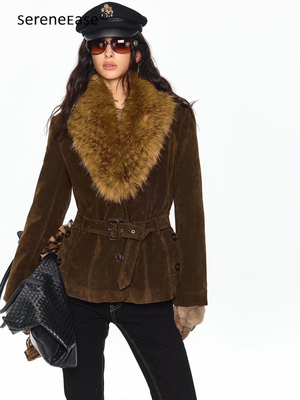 SereneEase Faux Suede Belted Faux Fur Collar Slim Fit Women's Pu Casual Jackets