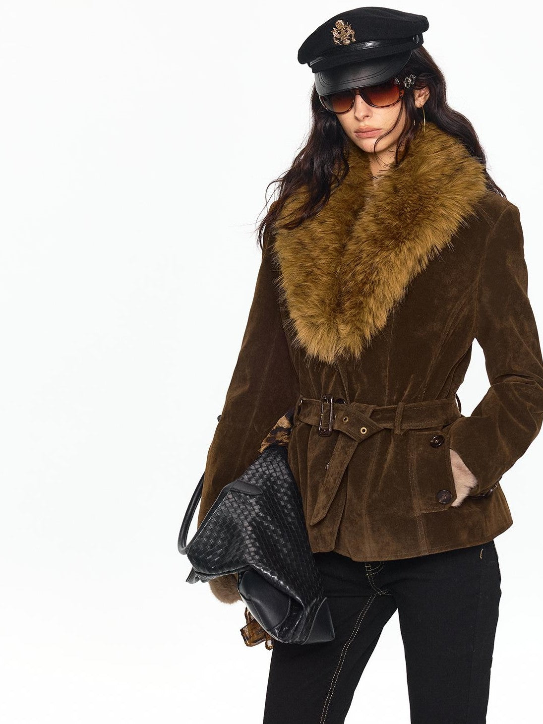 SereneEase Faux Suede Belted Faux Fur Collar Slim Fit Women's Pu Casual Jackets