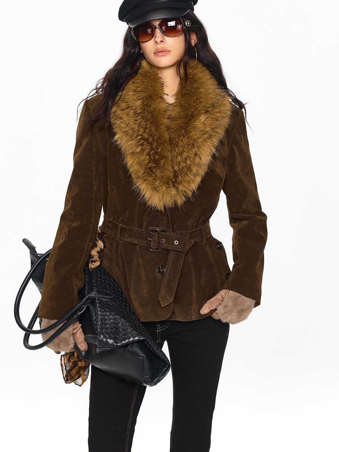 SereneEase Faux Suede Belted Faux Fur Collar Slim Fit Women's Pu Casual Jackets