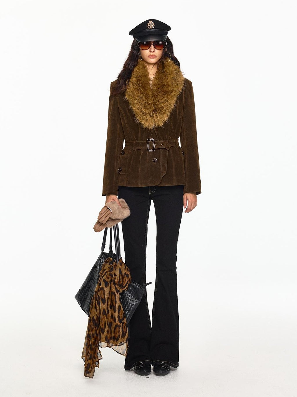 SereneEase Faux Suede Belted Faux Fur Collar Slim Fit Women's Pu Casual Jackets