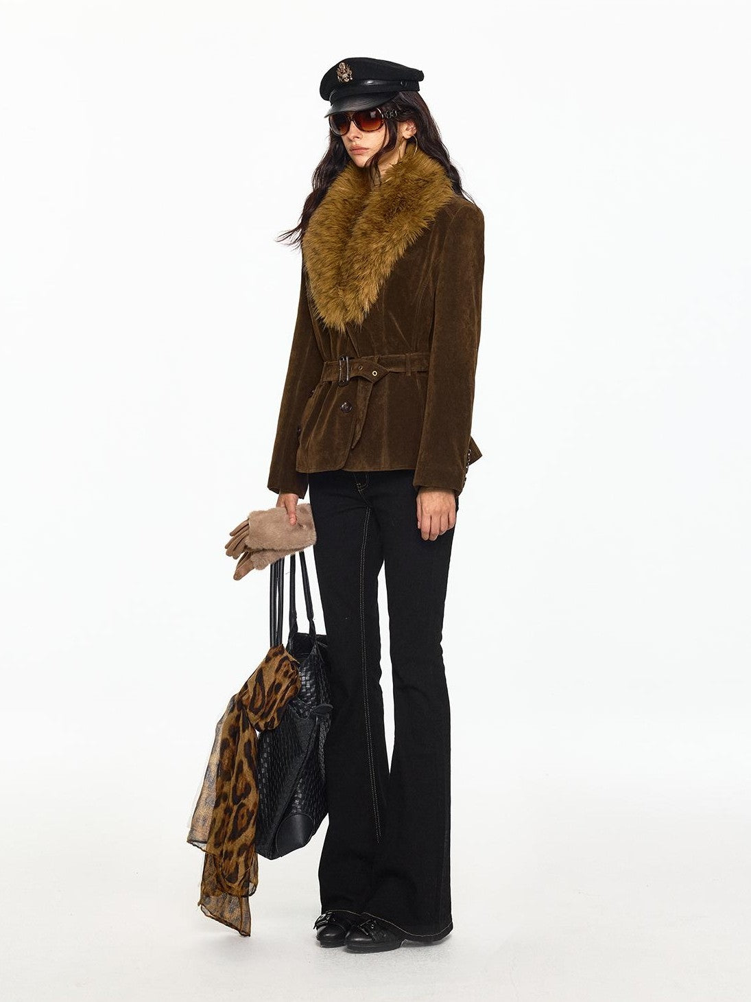 SereneEase Faux Suede Belted Faux Fur Collar Slim Fit Women's Pu Casual Jackets
