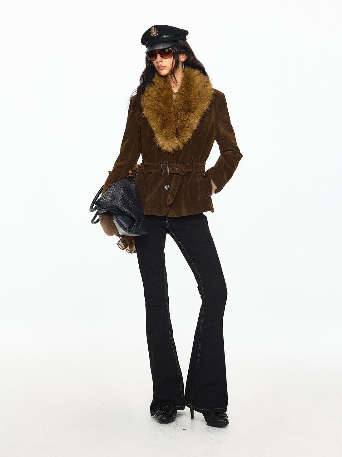 SereneEase Faux Suede Belted Faux Fur Collar Slim Fit Women's Pu Casual Jackets