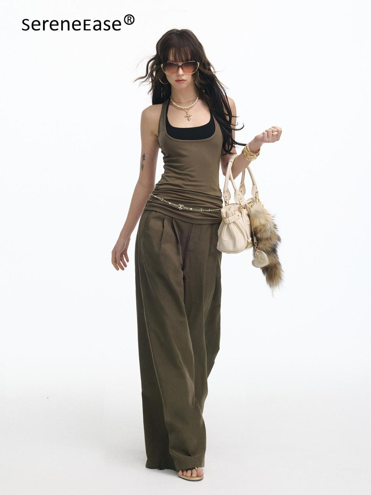 SereneEase Faux Two Piece Contrast Splice U Neck Racerback Women's Viscose Tank Tops