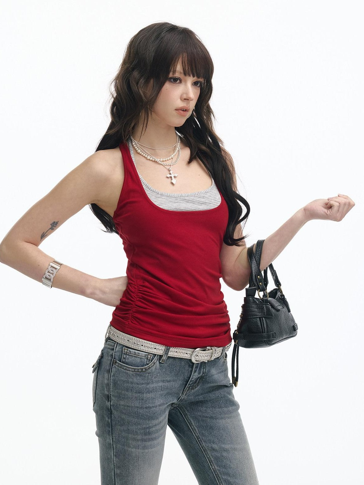 SereneEase Faux Two Piece Contrast Splice U Neck Racerback Women's Viscose Tank Tops