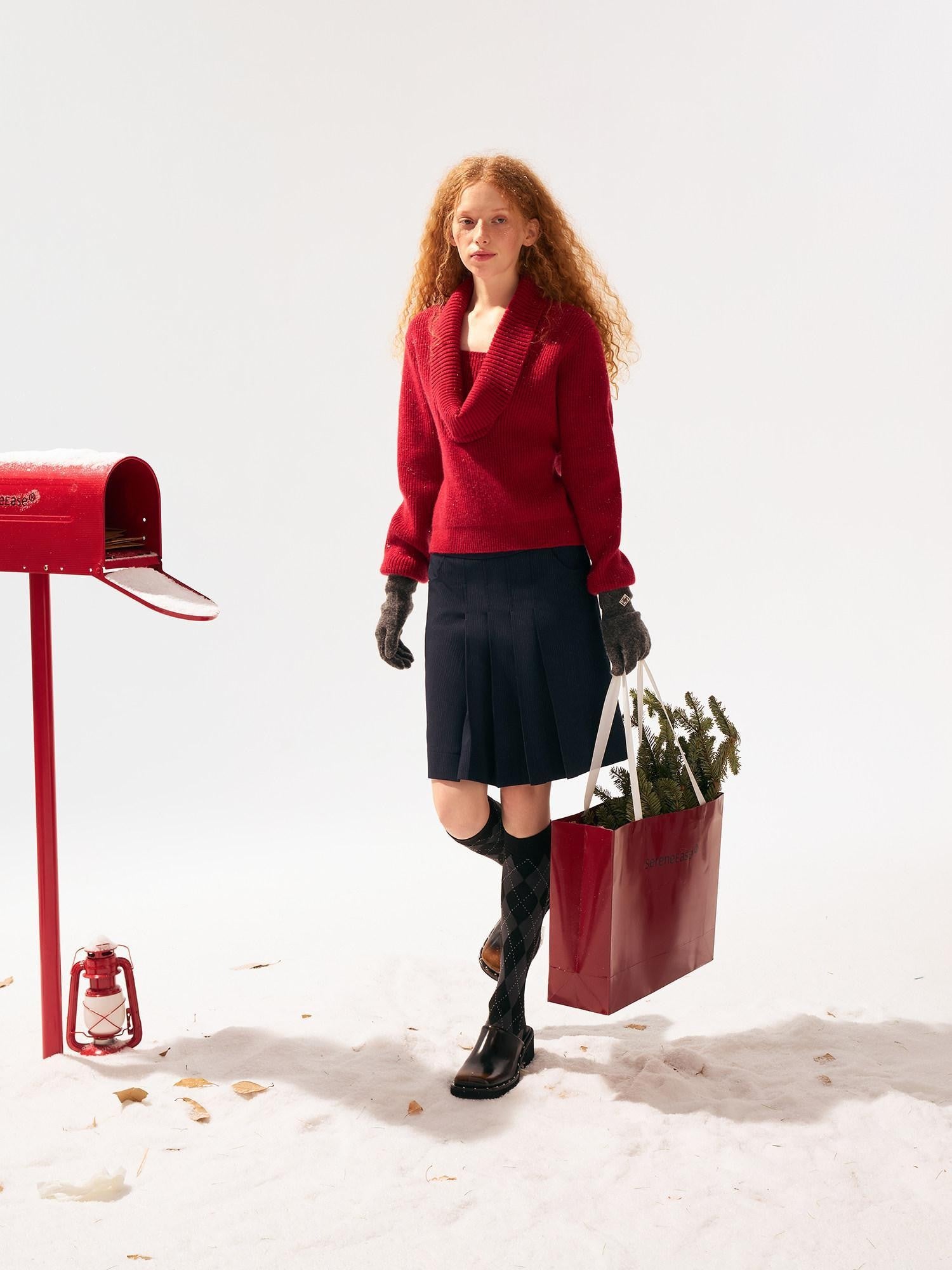 SereneEase Festive Red Drape Knit Two Way V-neck Women's Acrylic Blend Turtleneck Sweaters