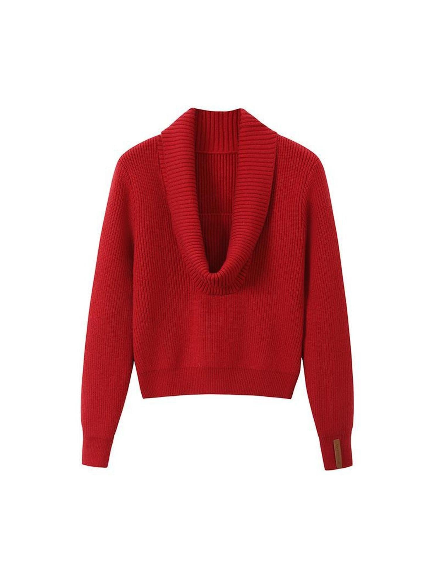 SereneEase Festive Red Drape Knit Two Way V-neck Women's Acrylic Blend Turtleneck Sweaters