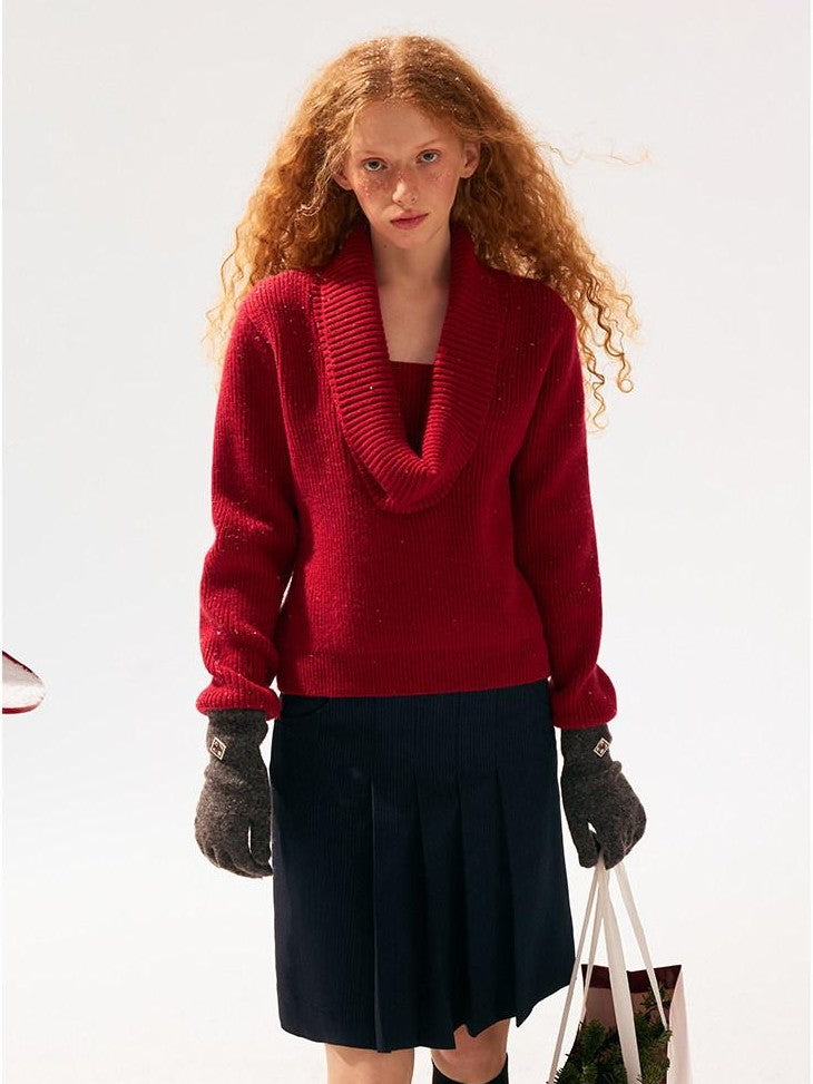 SereneEase Festive Red Drape Knit Two Way V-neck Women's Acrylic Blend Turtleneck Sweaters