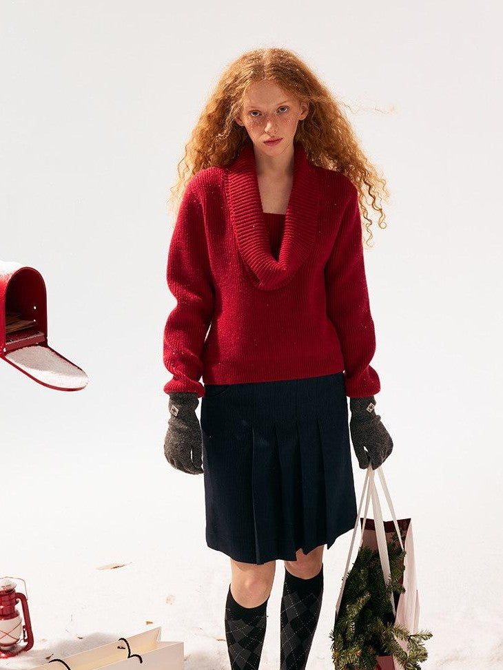 SereneEase Festive Red Drape Knit Two Way V-neck Women's Acrylic Blend Turtleneck Sweaters