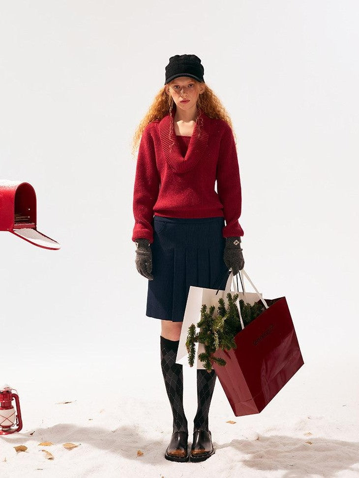 SereneEase Festive Red Drape Knit Two Way V-neck Women's Acrylic Blend Turtleneck Sweaters