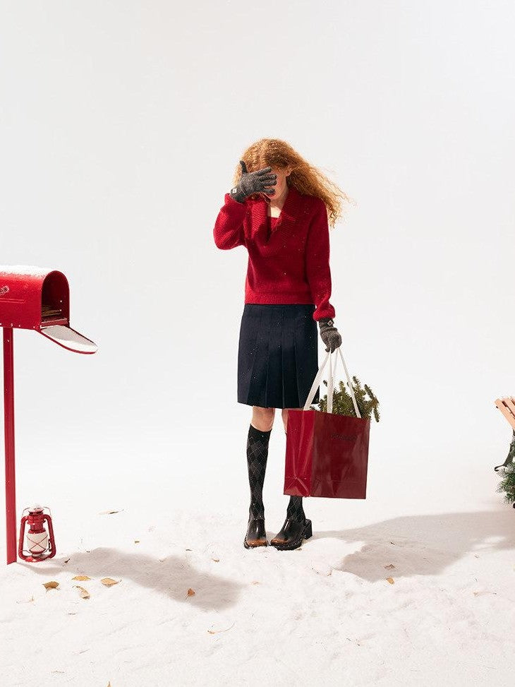 SereneEase Festive Red Drape Knit Two Way V-neck Women's Acrylic Blend Turtleneck Sweaters