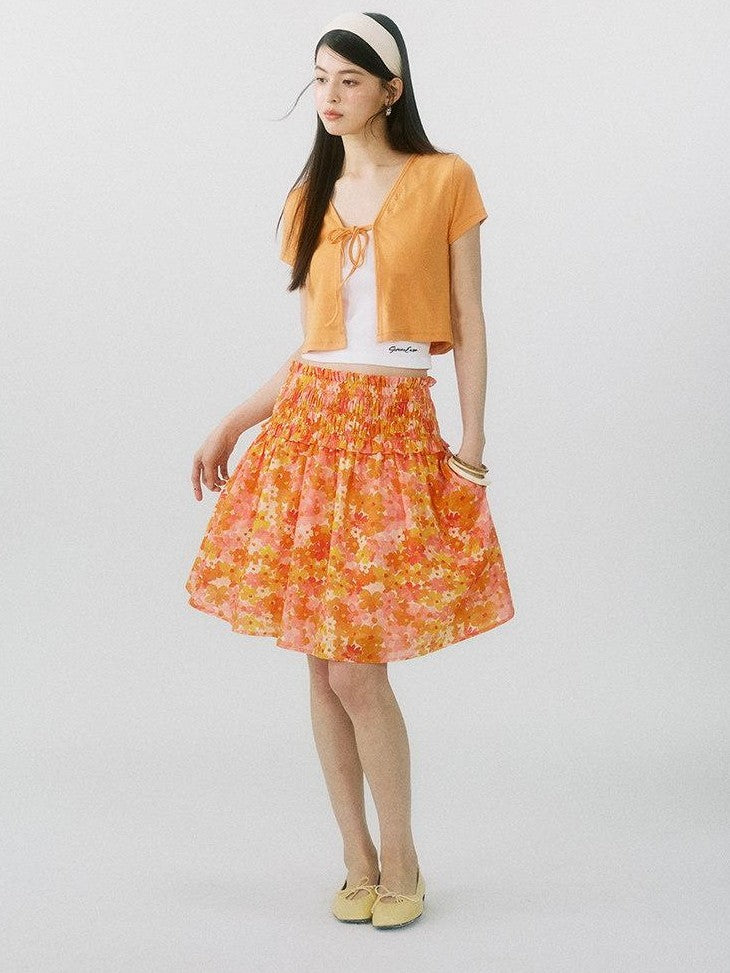 SereneEase Floral Ruched High Waist A Line Women's Pure Cotton Midi Skirts