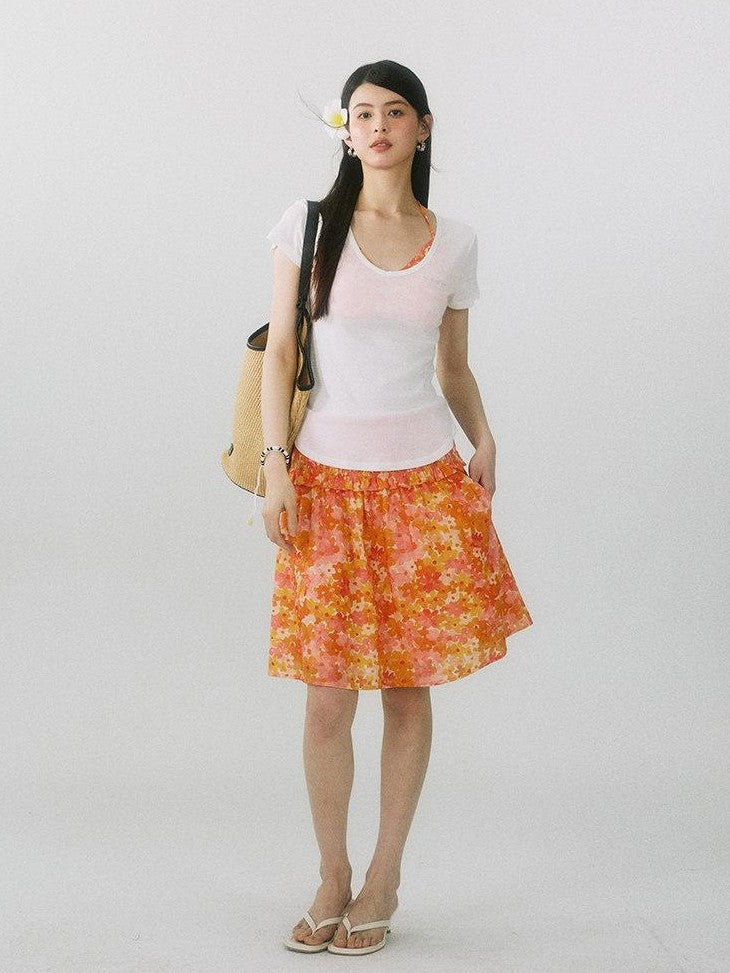 SereneEase Floral Ruched High Waist A Line Women's Pure Cotton Midi Skirts