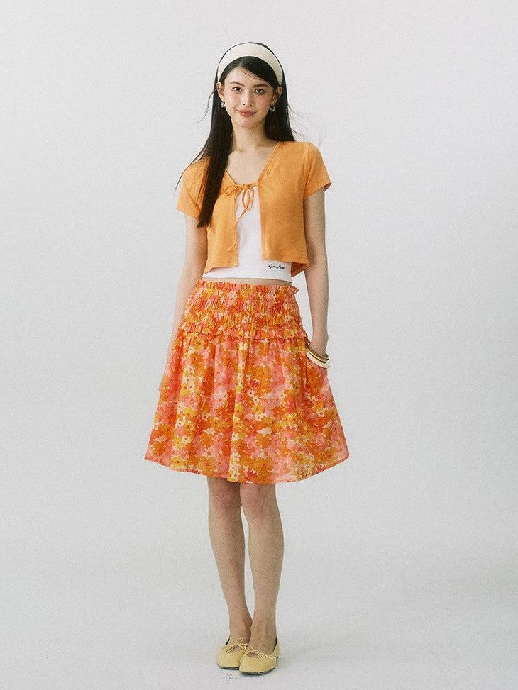 SereneEase Floral Ruched High Waist A Line Women's Pure Cotton Midi Skirts