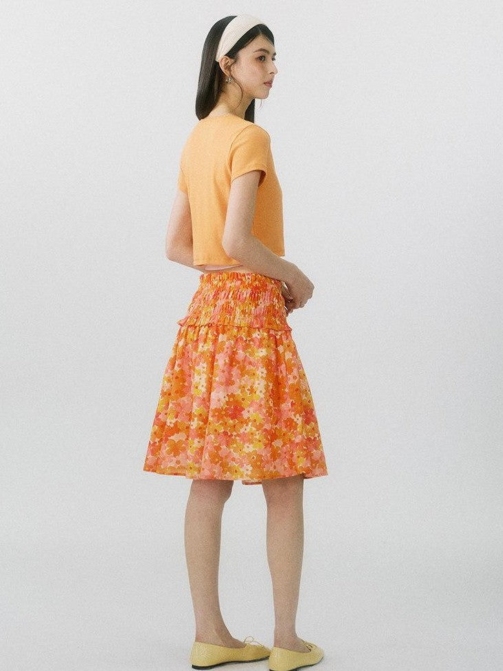 SereneEase Floral Ruched High Waist A Line Women's Pure Cotton Midi Skirts