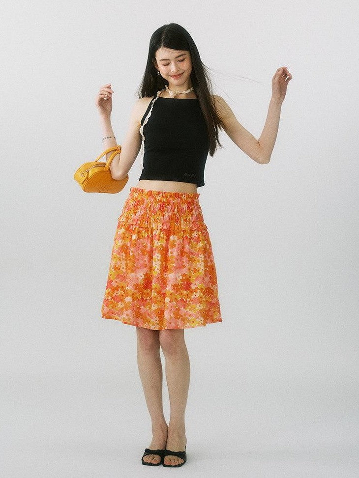 SereneEase Floral Ruched High Waist A Line Women's Pure Cotton Midi Skirts