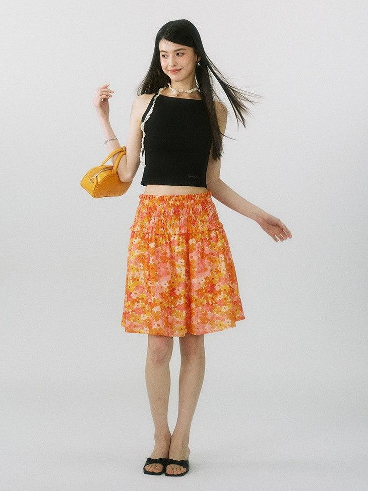 SereneEase Floral Ruched High Waist A Line Women's Pure Cotton Midi Skirts