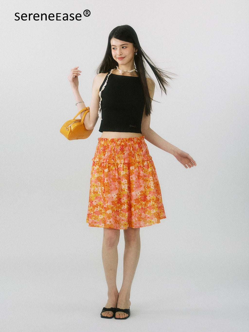 SereneEase Floral Ruched High Waist A Line Women's Pure Cotton Midi Skirts