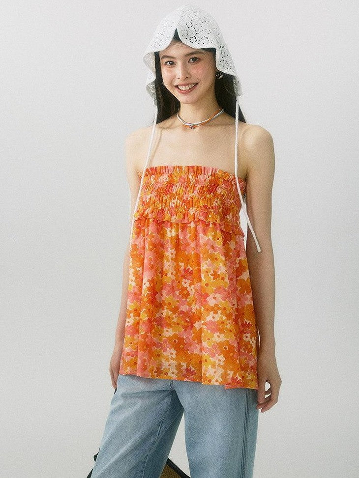 SereneEase Floral Ruched High Waist A Line Women's Pure Cotton Midi Skirts