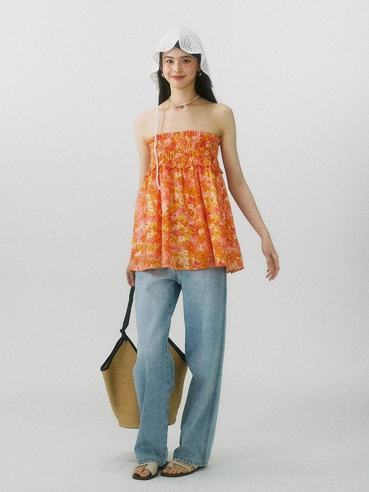 SereneEase Floral Ruched High Waist A Line Women's Pure Cotton Midi Skirts