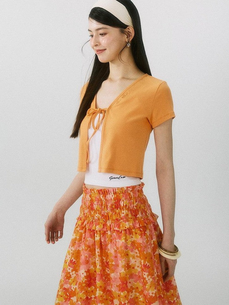 SereneEase Floral Ruched High Waist A Line Women's Pure Cotton Midi Skirts