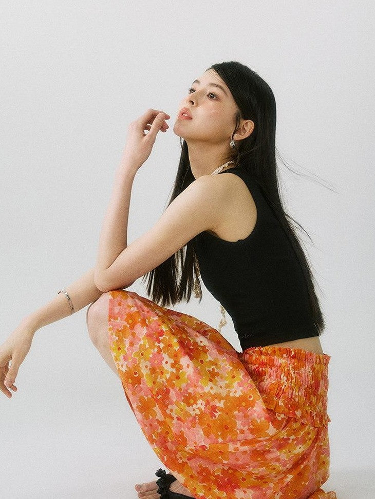 SereneEase Floral Ruched High Waist A Line Women's Pure Cotton Midi Skirts