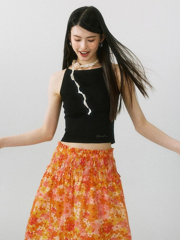 SereneEase Floral Ruched High Waist A Line Women's Pure Cotton Midi Skirts