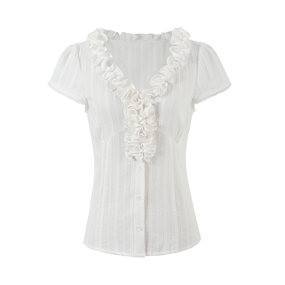 SereneEase_French_Lace_Ruffle_V-neck_Cinched_Waist_Women's_Cotton_Short_Sleeve_T-shirts_918645286402_MISSTT