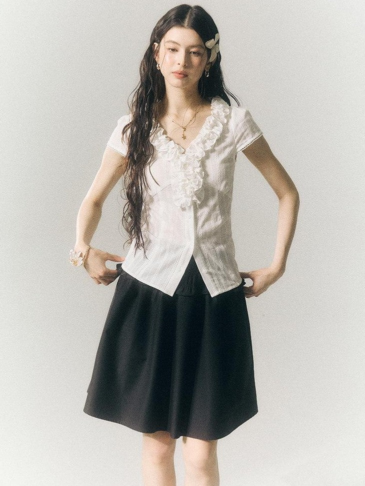 SereneEase French Lace Ruffle V-neck Cinched Waist Women's Cotton Short Sleeve T-shirts