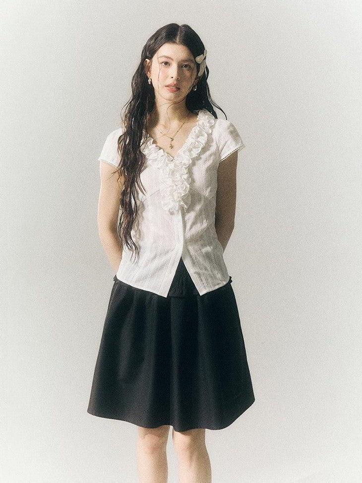 SereneEase French Lace Ruffle V-neck Cinched Waist Women's Cotton Short Sleeve T-shirts