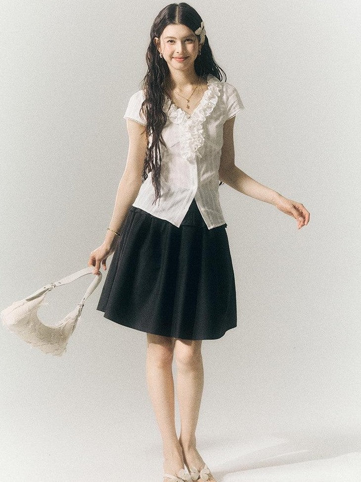 SereneEase French Lace Ruffle V-neck Cinched Waist Women's Cotton Short Sleeve T-shirts