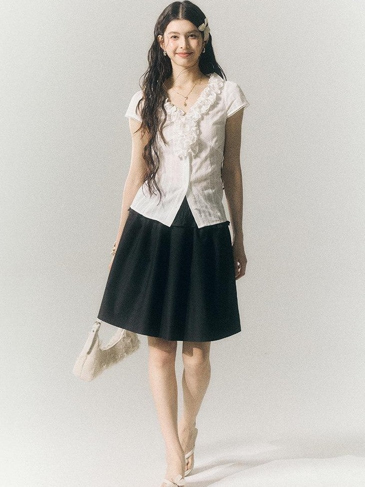 SereneEase French Lace Ruffle V-neck Cinched Waist Women's Cotton Short Sleeve T-shirts