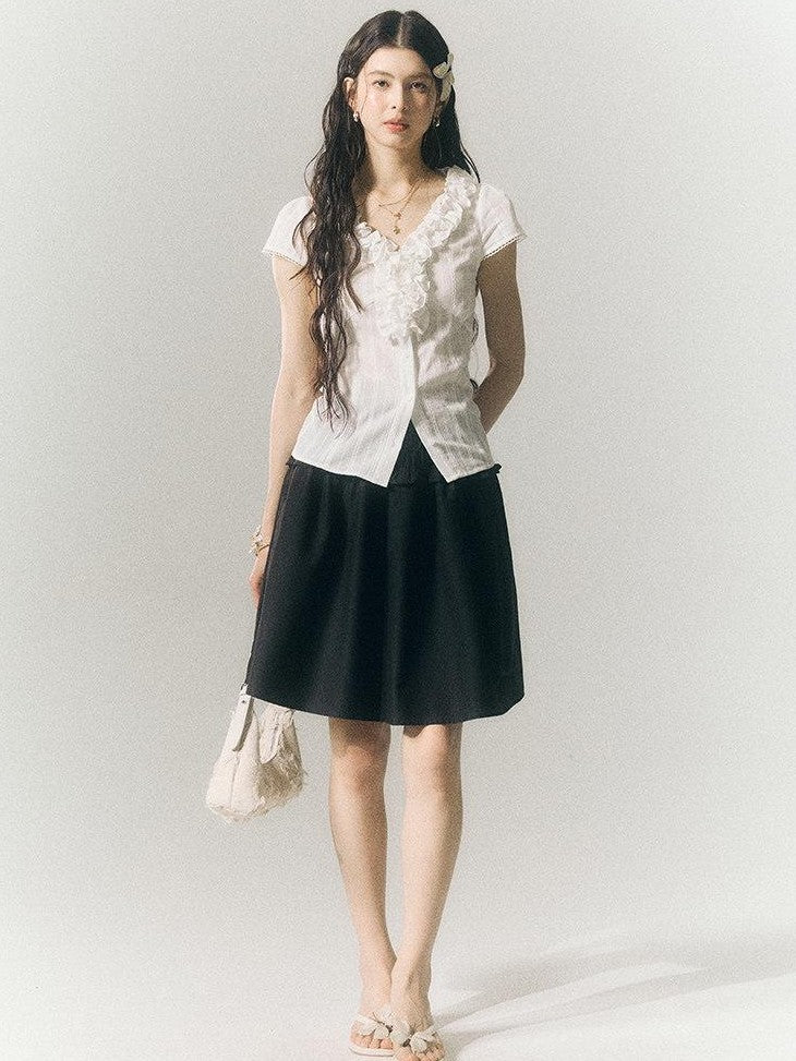 SereneEase French Lace Ruffle V-neck Cinched Waist Women's Cotton Short Sleeve T-shirts