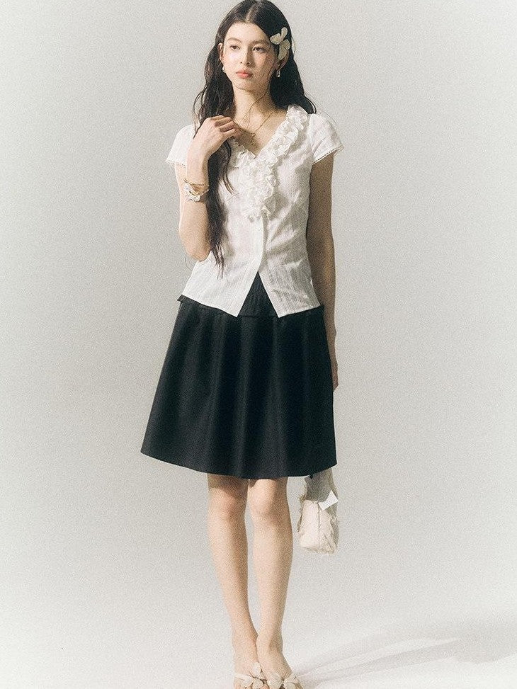 SereneEase French Lace Ruffle V-neck Cinched Waist Women's Cotton Short Sleeve T-shirts