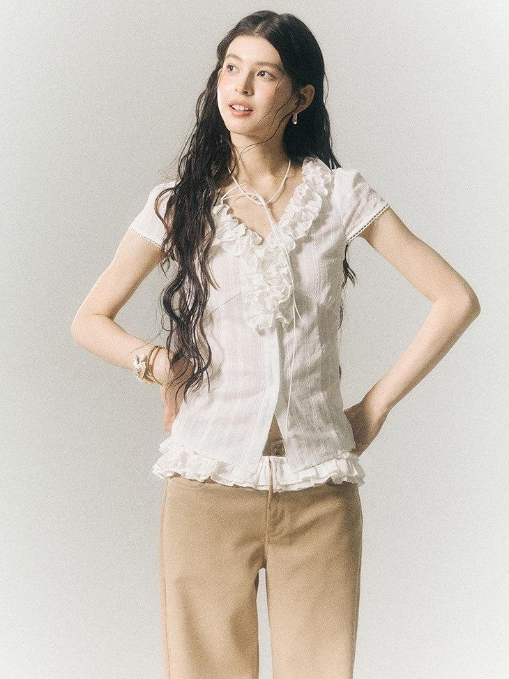 SereneEase French Lace Ruffle V-neck Cinched Waist Women's Cotton Short Sleeve T-shirts