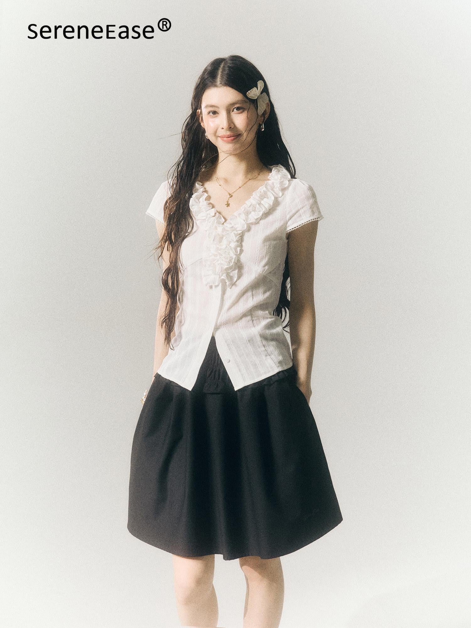 SereneEase French Lace Ruffle V-neck Cinched Waist Women's Cotton Short Sleeve T-shirts