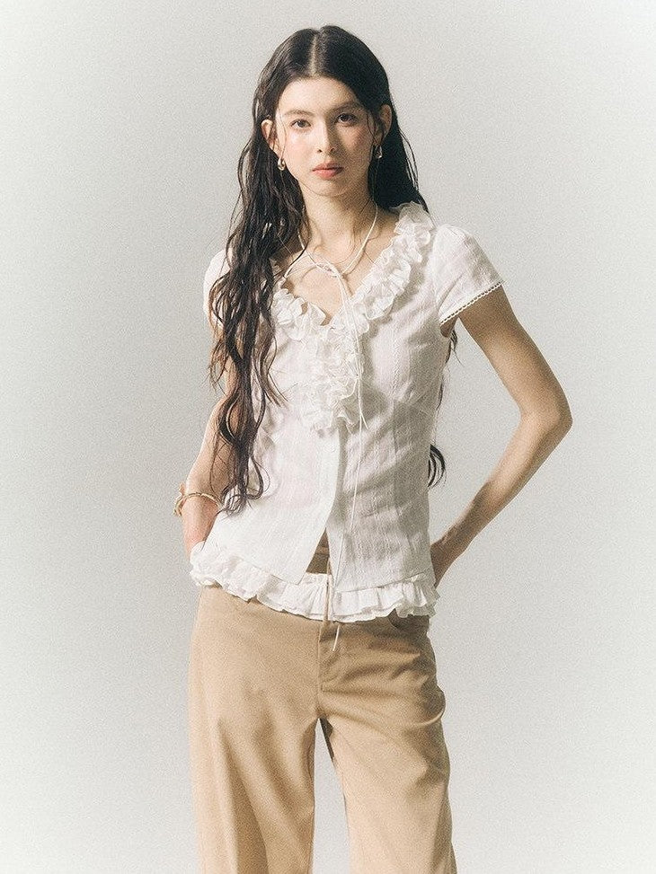 SereneEase French Lace Ruffle V-neck Cinched Waist Women's Cotton Short Sleeve T-shirts