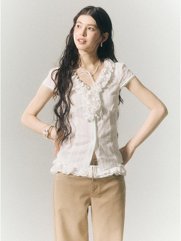 SereneEase French Lace Ruffle V-neck Cinched Waist Women's Cotton Short Sleeve T-shirts