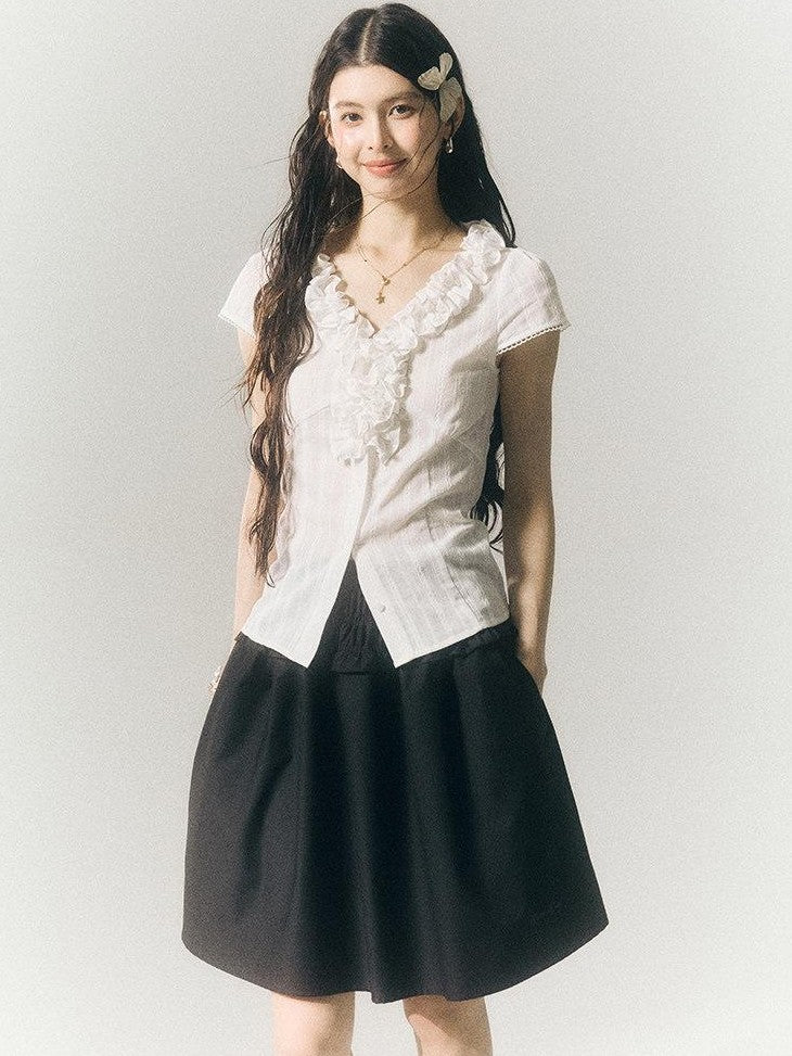 SereneEase French Lace Ruffle V-neck Cinched Waist Women's Cotton Short Sleeve T-shirts