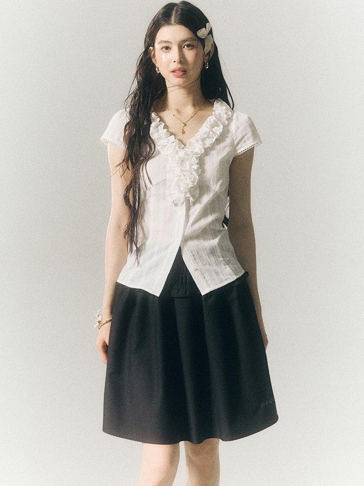 SereneEase French Lace Ruffle V-neck Cinched Waist Women's Cotton Short Sleeve T-shirts