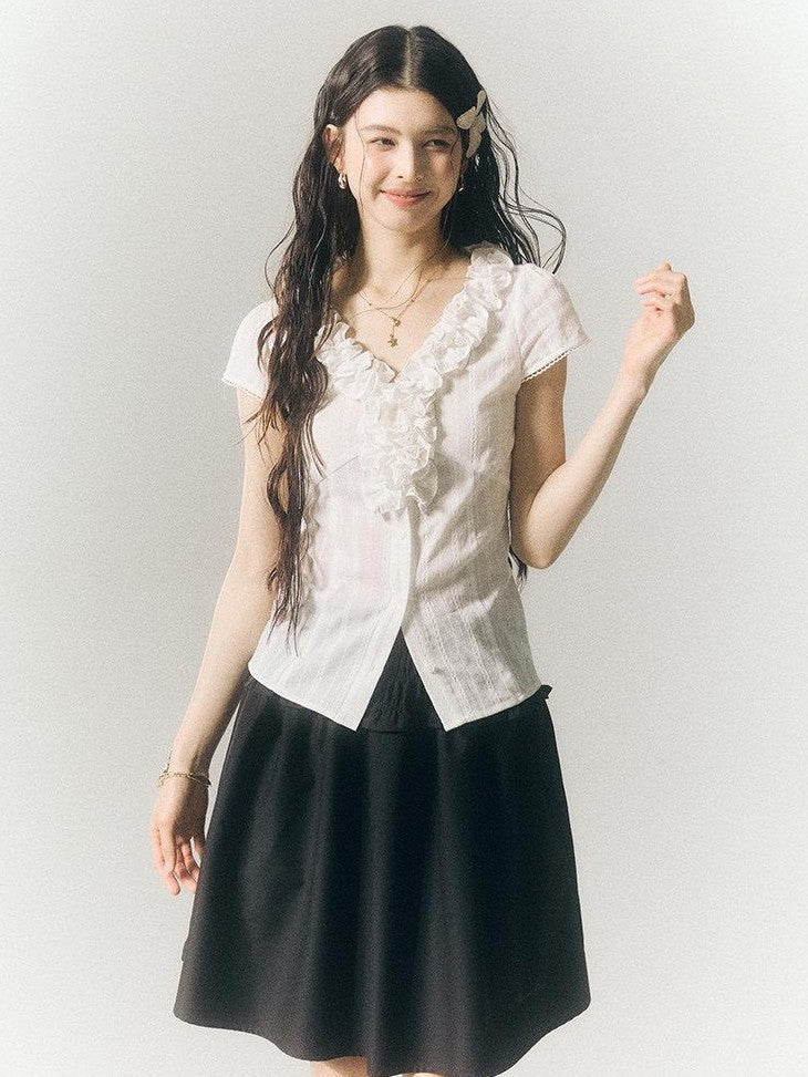 SereneEase French Lace Ruffle V-neck Cinched Waist Women's Cotton Short Sleeve T-shirts