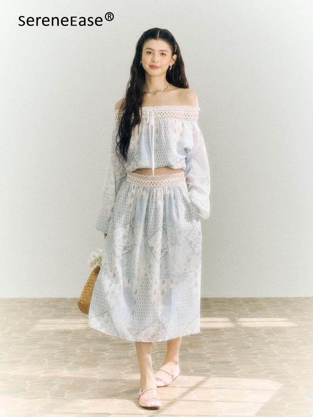 SereneEase French Resort Lace Off Shoulder Spliced Women's Polyester Matching Skirt Sets
