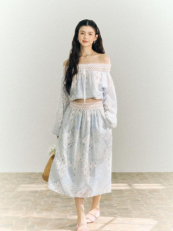 SereneEase French Resort Lace Off Shoulder Spliced Women's Polyester Matching Skirt Sets