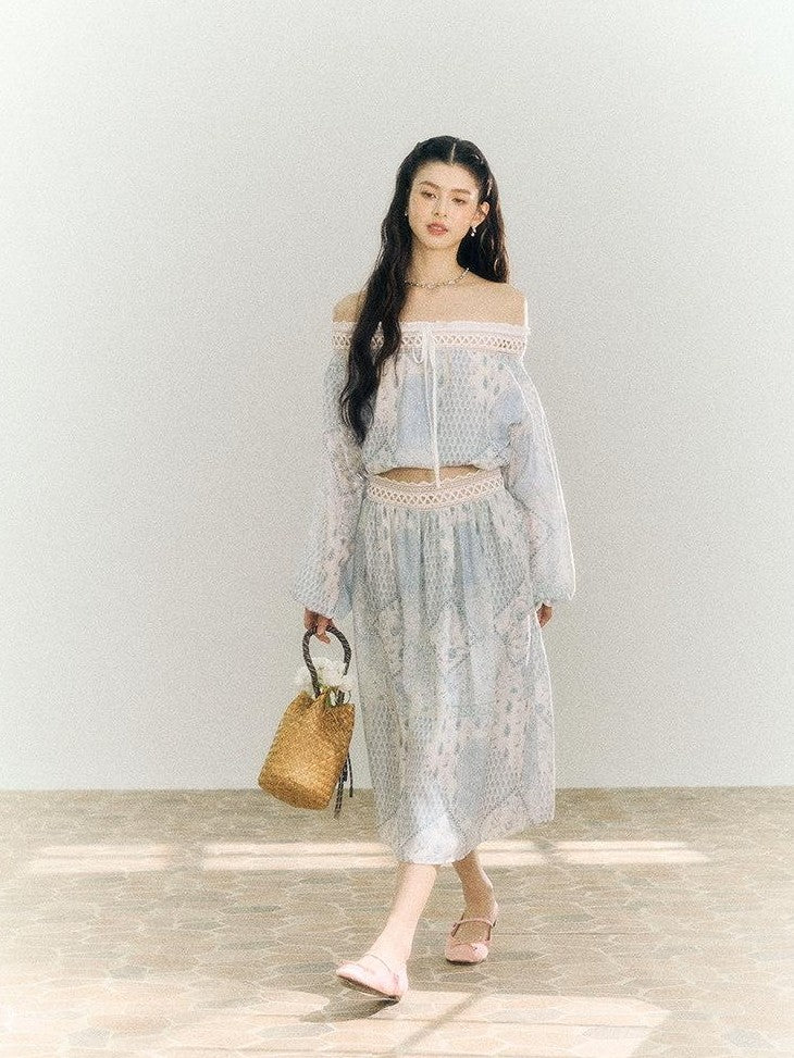 SereneEase French Resort Lace Off Shoulder Spliced Women's Polyester Matching Skirt Sets