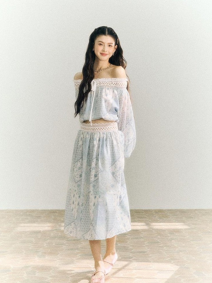 SereneEase French Resort Lace Off Shoulder Spliced Women's Polyester Matching Skirt Sets
